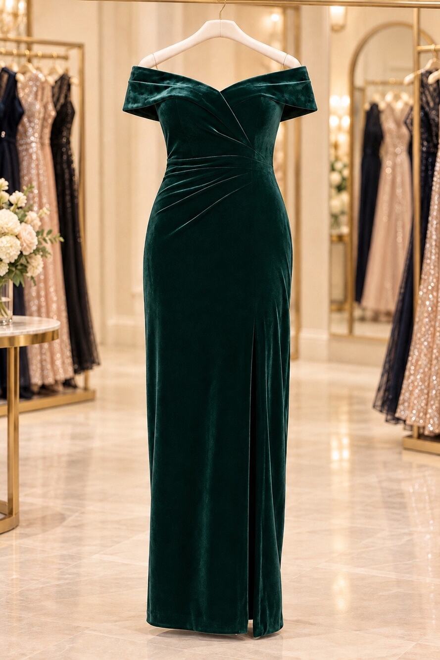 Xscape 16W Hunter Green Velvet Off Shoulder Gown Ruched Slit Formal Plus Sz NWT